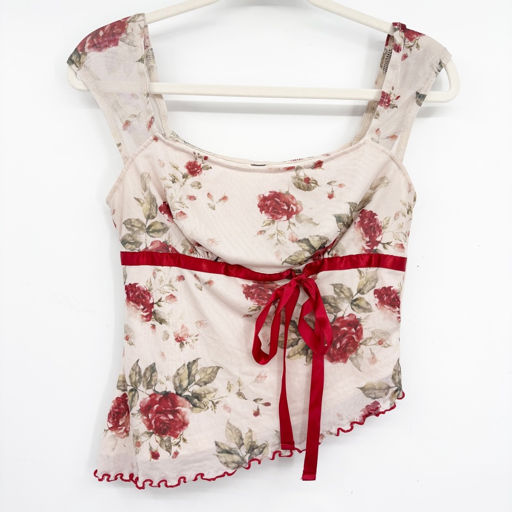 Womens Floral Rose Mesh Coquette Romantic Fairy Y2K Asymmetrical Top Size S